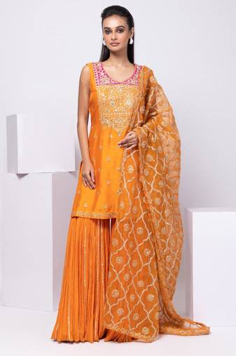 Orange embroidered silk sharara set