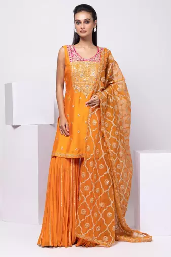 Orange embroidered silk sharara set