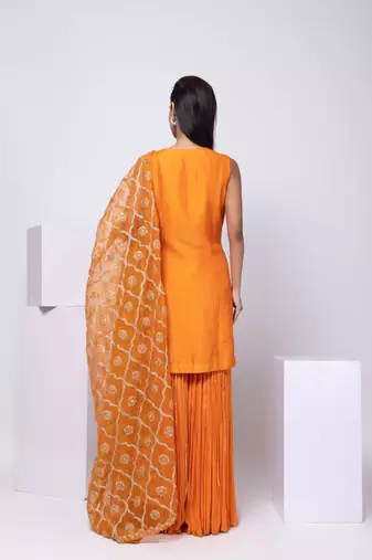 Orange embroidered silk sharara set