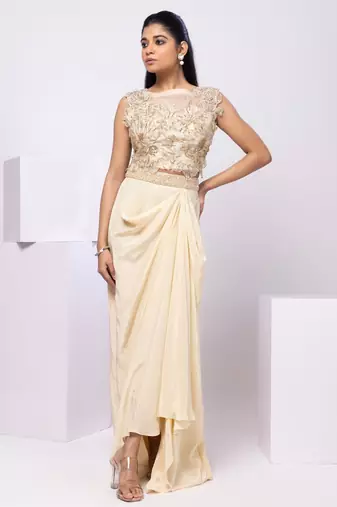 Beige embroidered organza co ord set