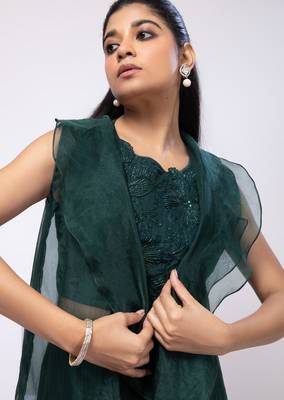 Green embroidered organza cape set 1