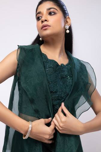 Green embroidered organza cape set