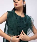 Green embroidered organza cape set