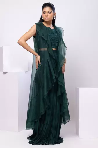Green embroidered organza cape set