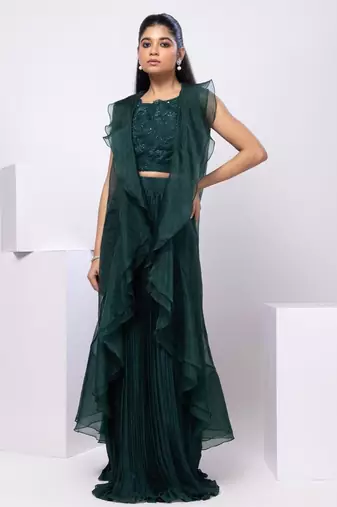 Green embroidered organza cape set