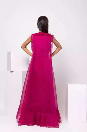 Magenta embroidered organza cape set