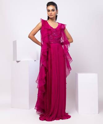 Magenta embroidered organza cape set 1