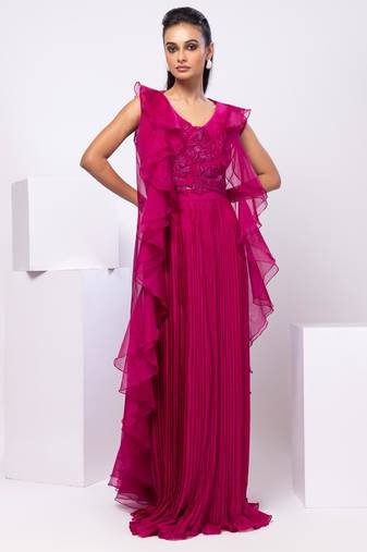 Magenta embroidered organza cape set