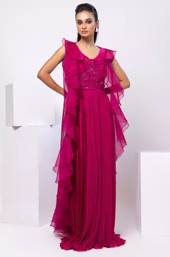 Magenta embroidered organza cape set