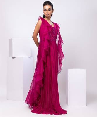 Magenta embroidered organza cape set 3