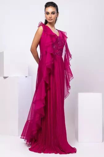 Magenta embroidered organza cape set