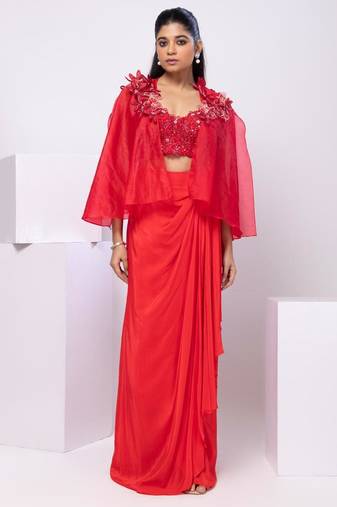Red embroidered crepe cape set