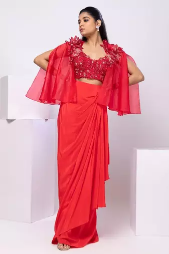 Red embroidered crepe cape set
