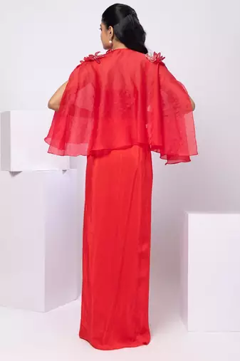 Red embroidered crepe cape set