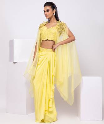 Yellow embroidered crepe cape set 1