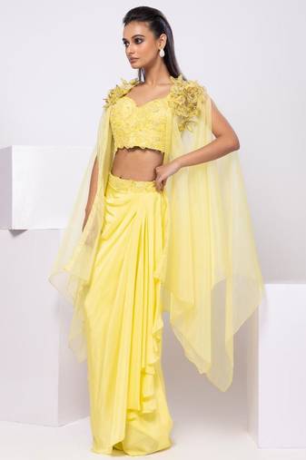Yellow embroidered crepe cape set
