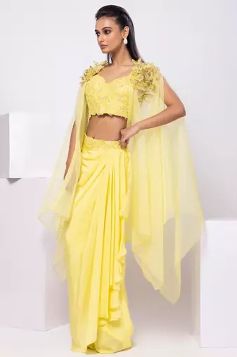 Yellow embroidered crepe cape set