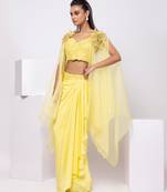 Yellow embroidered crepe cape set