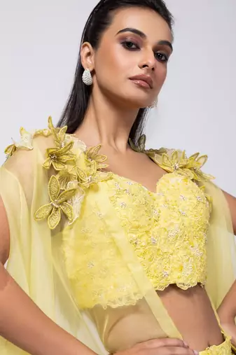 Yellow embroidered crepe cape set