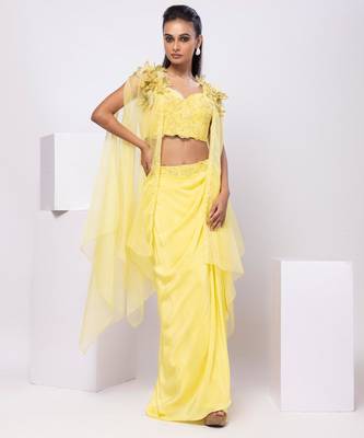 Yellow embroidered crepe cape set 3