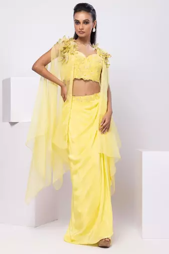 Yellow embroidered crepe cape set