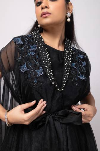 Black embroidered organza cape set