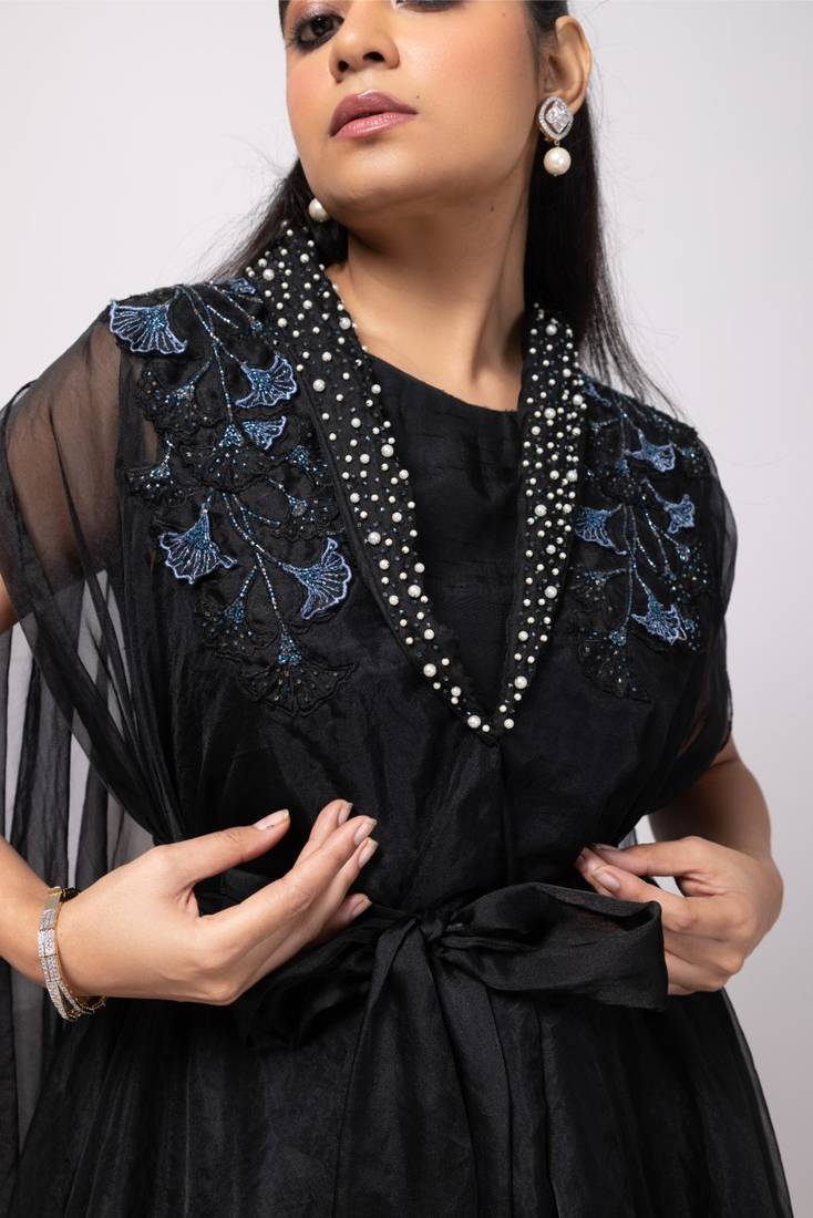 Black embroidered organza cape set