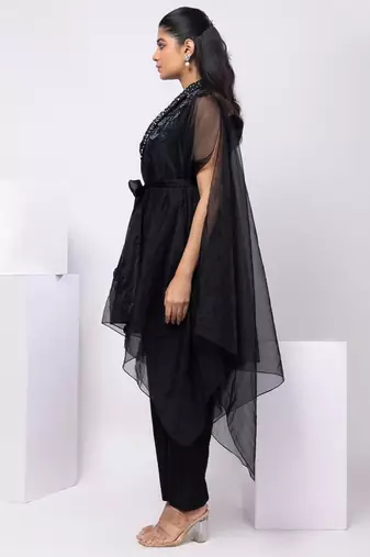 Black embroidered organza cape set