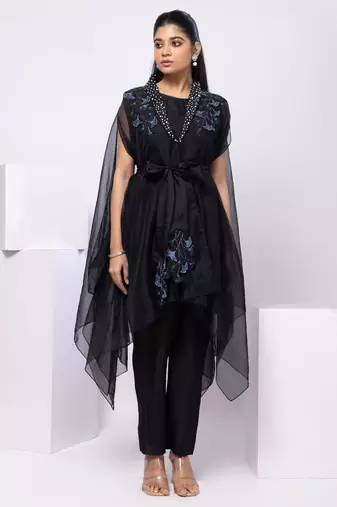 Black embroidered organza cape set