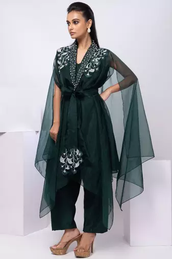 Green embroidered organza cape set
