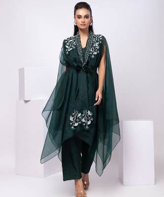 Green embroidered organza cape set 1