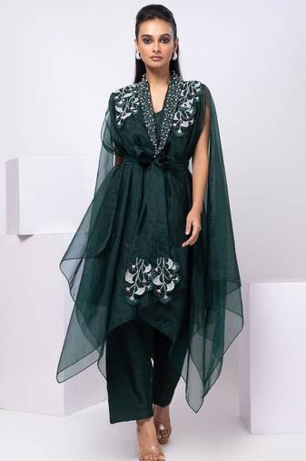 Green embroidered organza cape set
