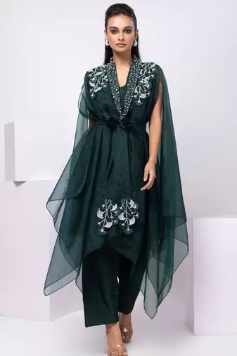 Green embroidered organza cape set