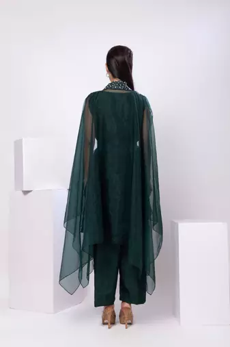 Green embroidered organza cape set
