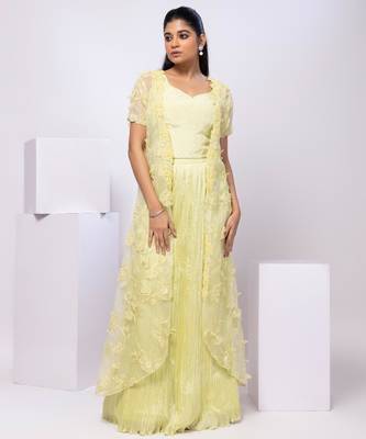Lime embroidered organza cape set 1