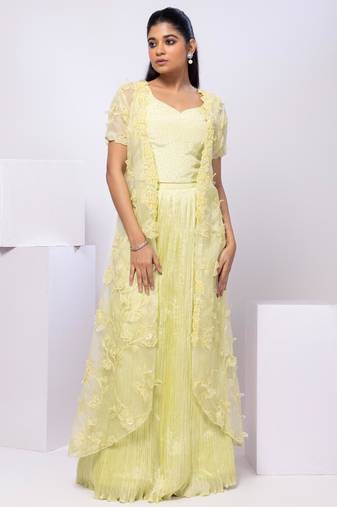 Lime embroidered organza cape set