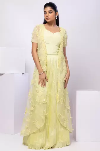 Lime embroidered organza cape set