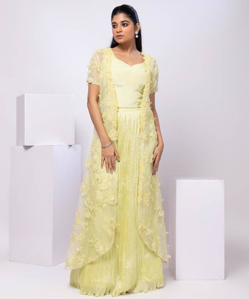 Lime embroidered organza cape set