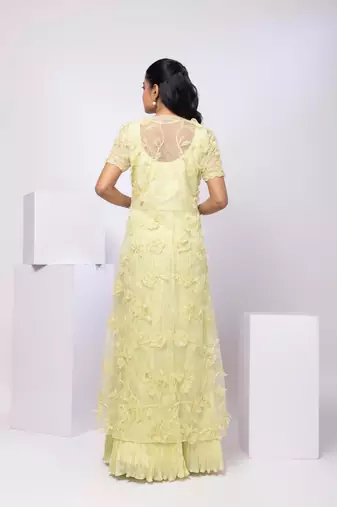 Lime embroidered organza cape set