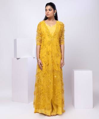 Yellow embroidered organza jacket set 1