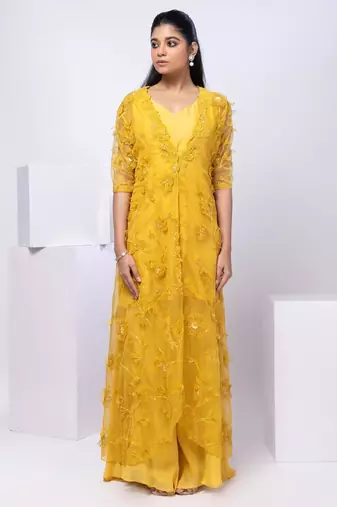 Yellow embroidered organza jacket set