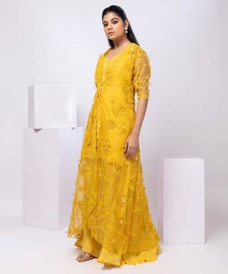 Yellow embroidered organza jacket set 2
