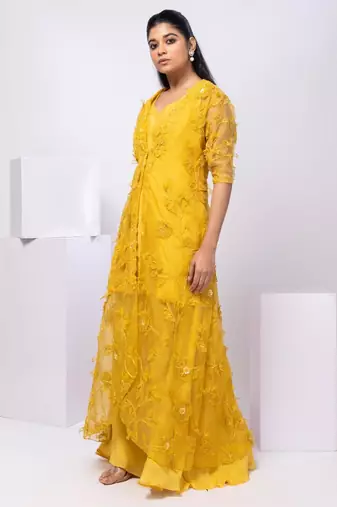 Yellow embroidered organza jacket set