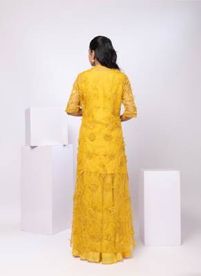 Yellow embroidered organza jacket set 3