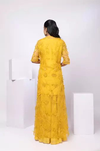 Yellow embroidered organza jacket set