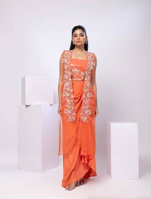 Orange embroidered organza jacket set 1