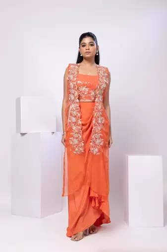 Orange embroidered organza jacket set