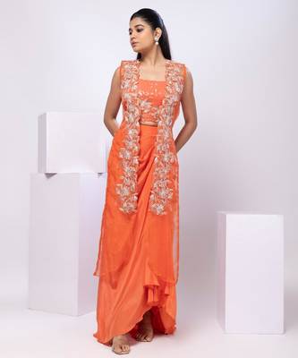 Orange embroidered organza jacket set 2