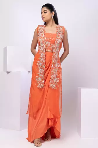 Orange embroidered organza jacket set