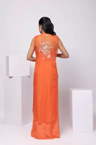 Orange embroidered organza jacket set